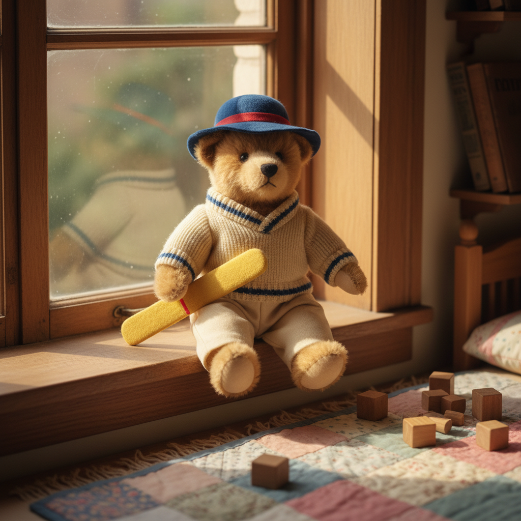 Augusta du Bay Paddington Bear plush 8 inch cream cricket uniform blue felt hat yellow stuffed bat child bedroom windowsill soft sunlight nostalgic toy - More4less Outlet