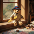 Augusta du Bay Paddington Bear plush 8 inch cream cricket uniform blue felt hat yellow stuffed bat child bedroom windowsill soft sunlight nostalgic toy - More4less Outlet