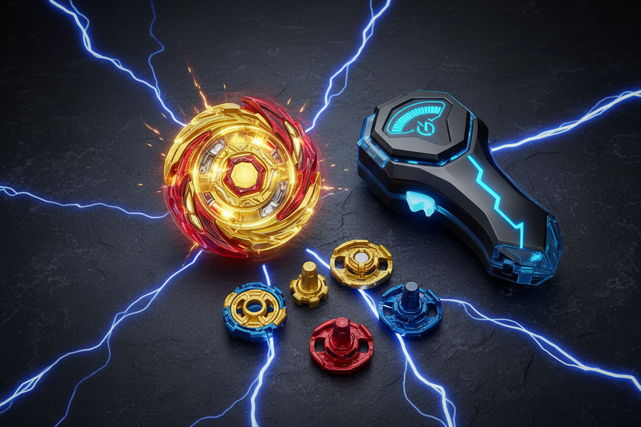 Flat lay of Beyblade Burst Surge Speedstorm Rip Fire Force Set components – top and Power Gauge launcher – More4less Outlet
