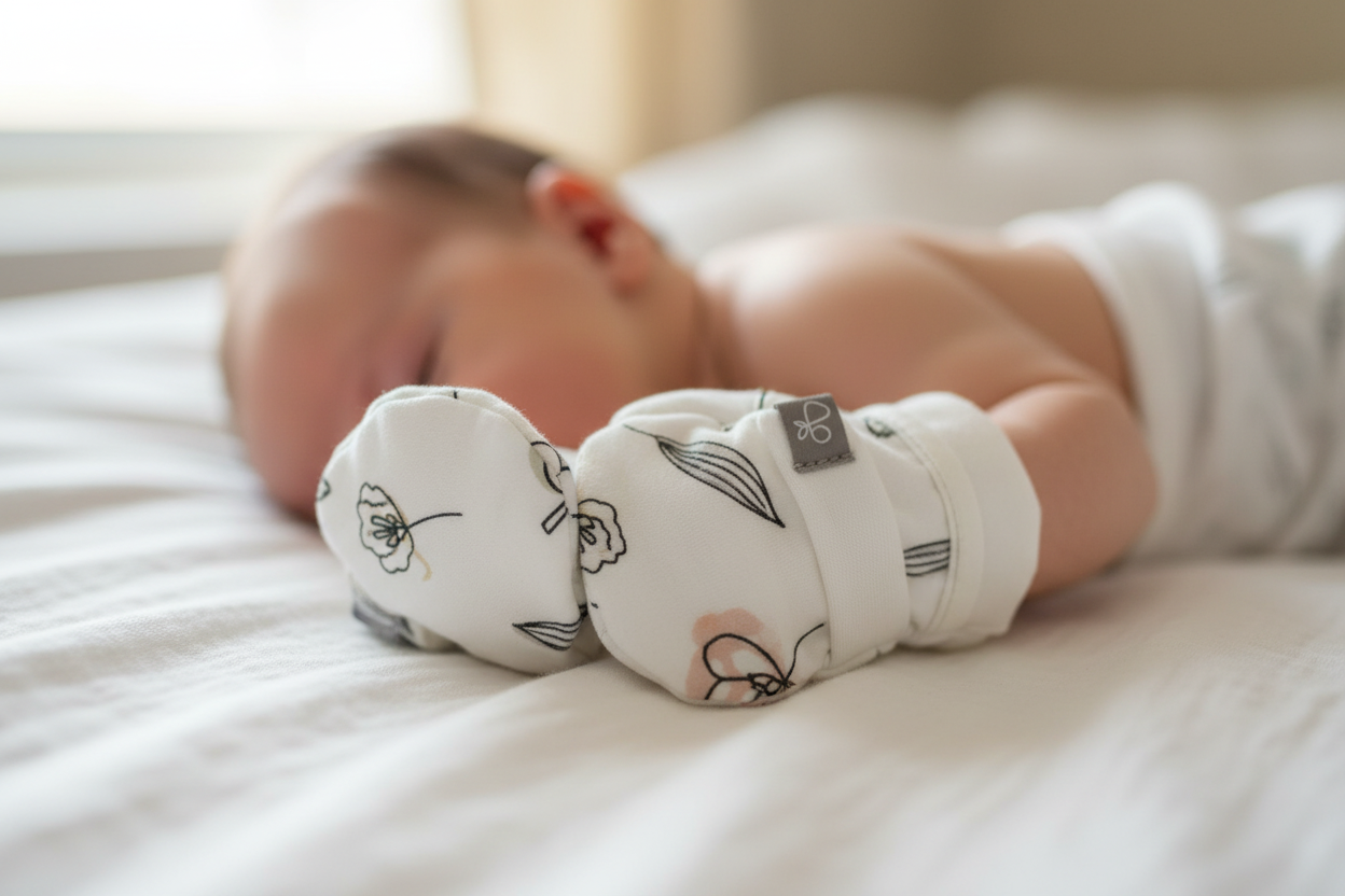 Goumi Kids organic white baby mitts with botanical pattern on newborn's hands in cozy nursery – More4less Outlet