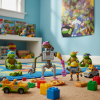 TMNT Mutations Mechazoid 03 action figure displayed out of packaging in kids bedroom with TMNT toys