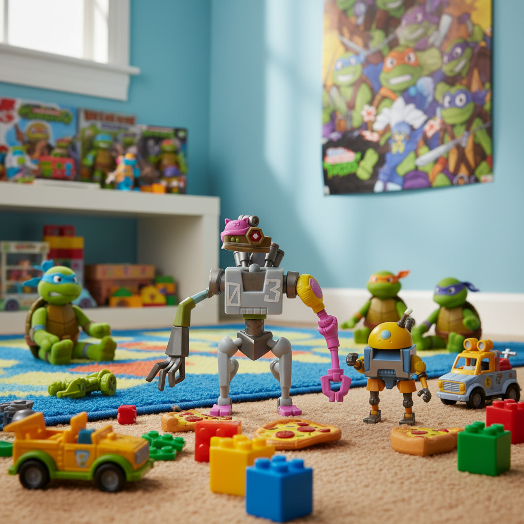 TMNT Mutations Mechazoid 03 action figure displayed out of packaging in kids bedroom with TMNT toys