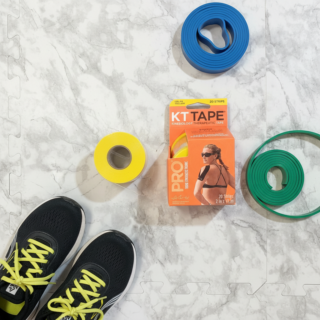 KT Tape Pro Solar Yellow flat lay on gym floor with orange box athletic shoes and resistance bands