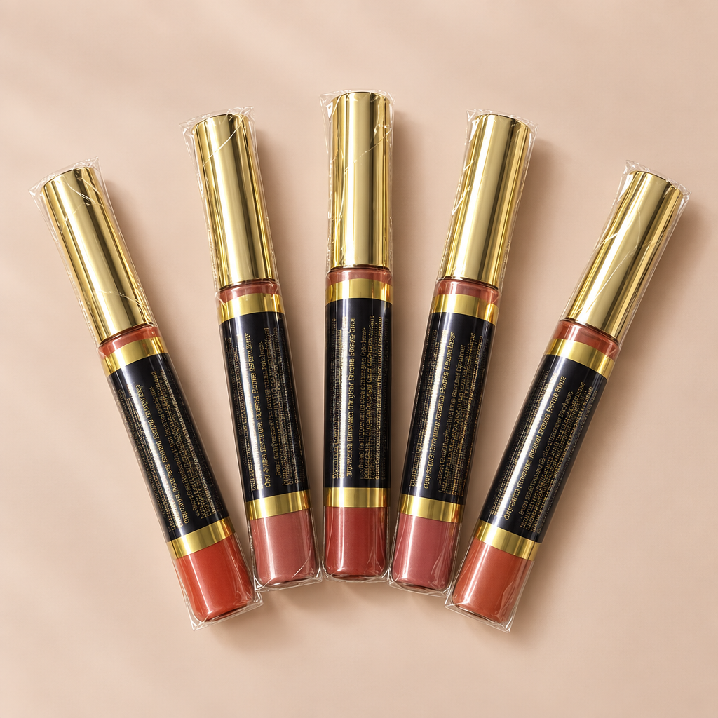 Five sealed black and gold LipSense lip color wands arranged on a blush background