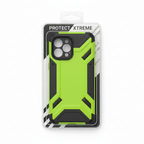 Studio-lit front view of neon green and black rugged phone case inside original clear plastic retail packaging