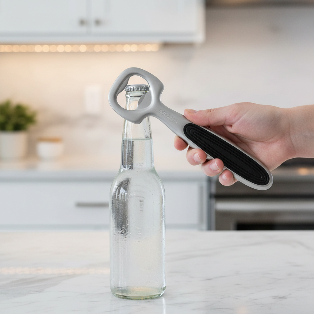Hand using sleek silver Houdini bottle opener to pop cap off glass bottle in modern kitchen.