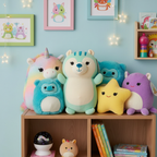 Squishmallows Hug Mees Mint Squirrel Plush on child bedroom shelf with colorful plush toys and fun decor - More4less Outlet