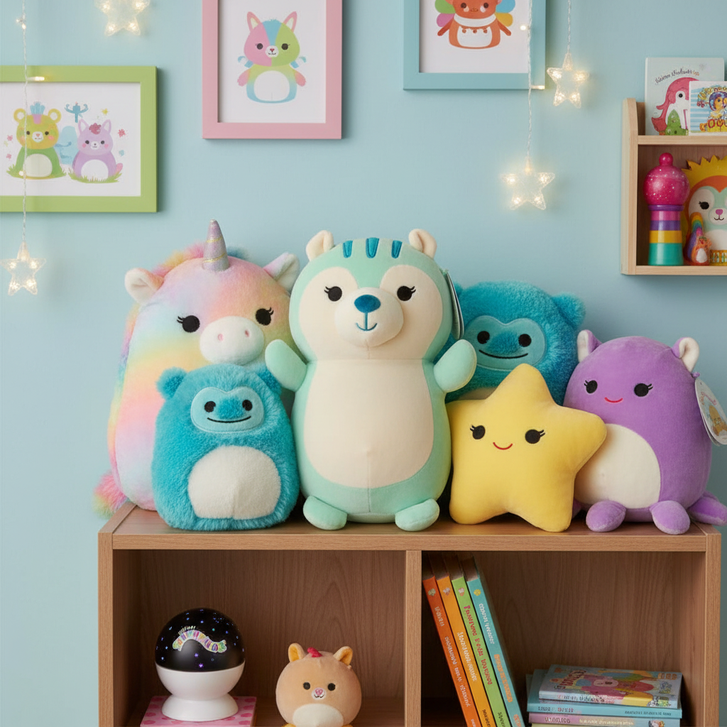 Squishmallows Hug Mees Mint Squirrel Plush on child bedroom shelf with colorful plush toys and fun decor - More4less Outlet