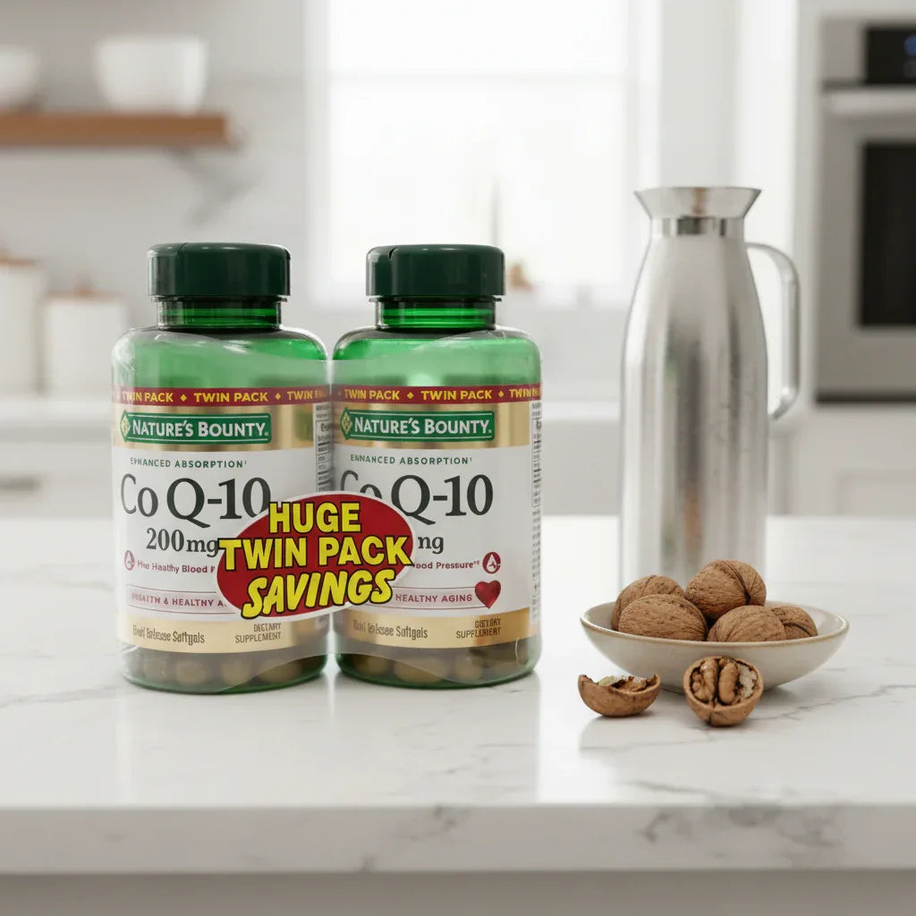 Nature's Bounty CoQ-10 200mg Twin Pack two green bottles on white quartz kitchen island next to metal water carafe and bowl of walnuts