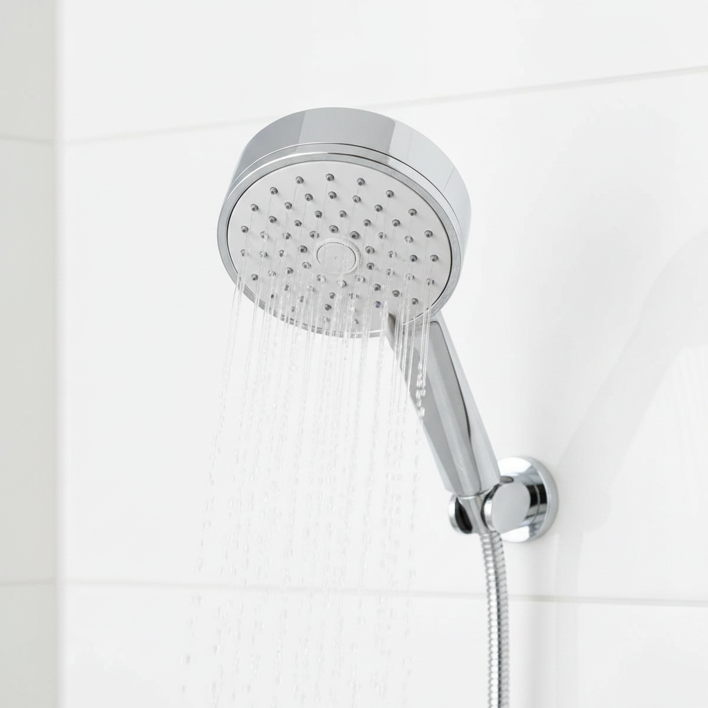 Close-up of Grohe Tempesta Cosmopolitan 100 polished chrome shower head with water spraying from single spray nozzle.