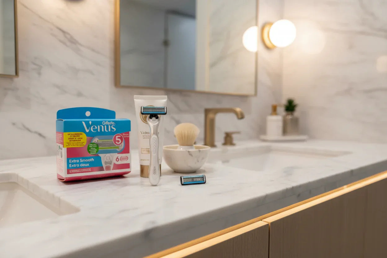 Clean modern bathroom vanity featuring premium women's shaving supplies and soft lighting on white marble