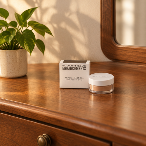 Rodan + Fields Mineral Peptides box and jar on a wooden dressing table