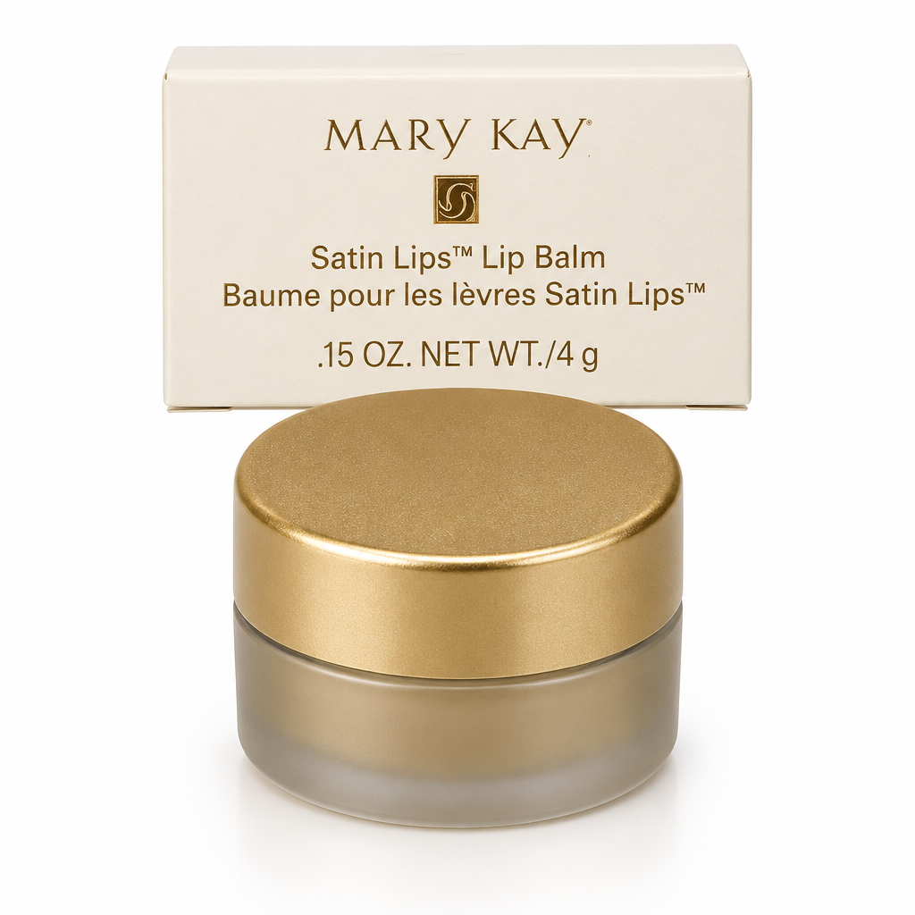 AI-generated studio photo of the closed Mary Kay Satin Lips Lip Balm gold jar with its retail box