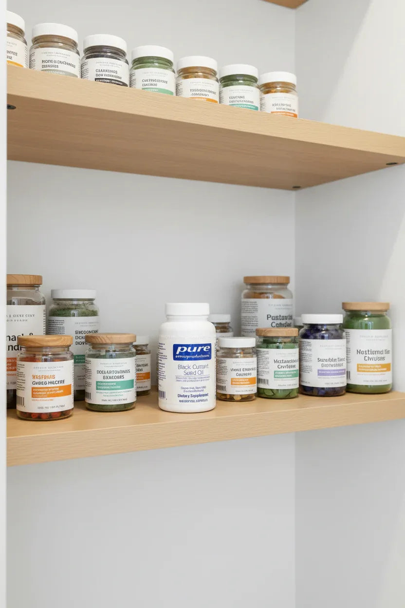 Pure Encapsulations Black Currant Seed Oil organized on light-oak wellness pantry shelf with professional glass supplement jars