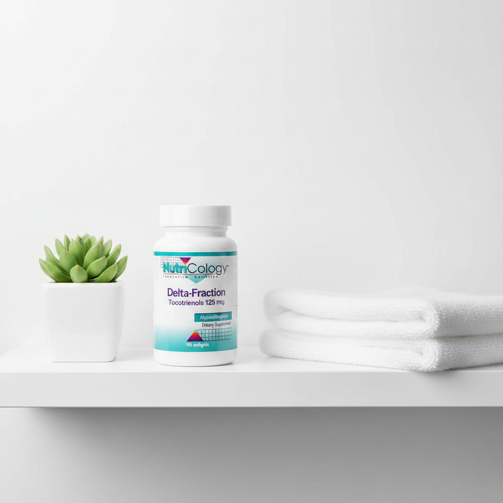 NutriCology Delta-Fraction Tocotrienols on wellness shelf with succulent and white linen towel – More4less Outlet