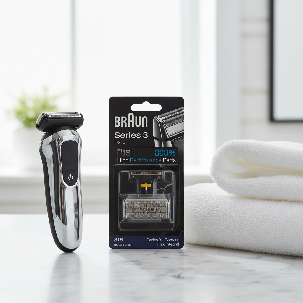 Compact electric shaver foil replacement in black packaging beside silver razor and white towel on white marble bathroom counter – More4less Outlet