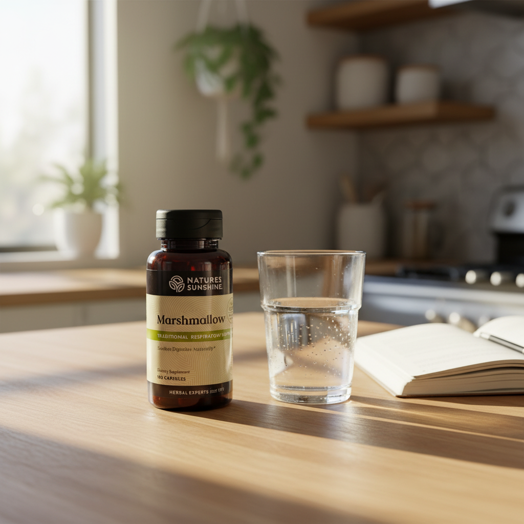 Nature's Sunshine Marshmallow Root bottle on light-oak kitchen breakfast bar with natural sunlight next to clear glass of water and wellness notebook