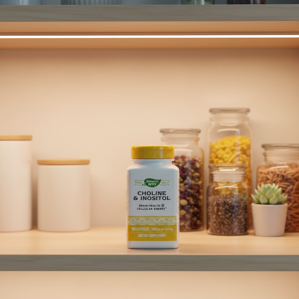 Nature's Way Choline and Inositol bottle inside clean modern health supplement pantry with soft ambient lighting and high-transparency apothecary jars