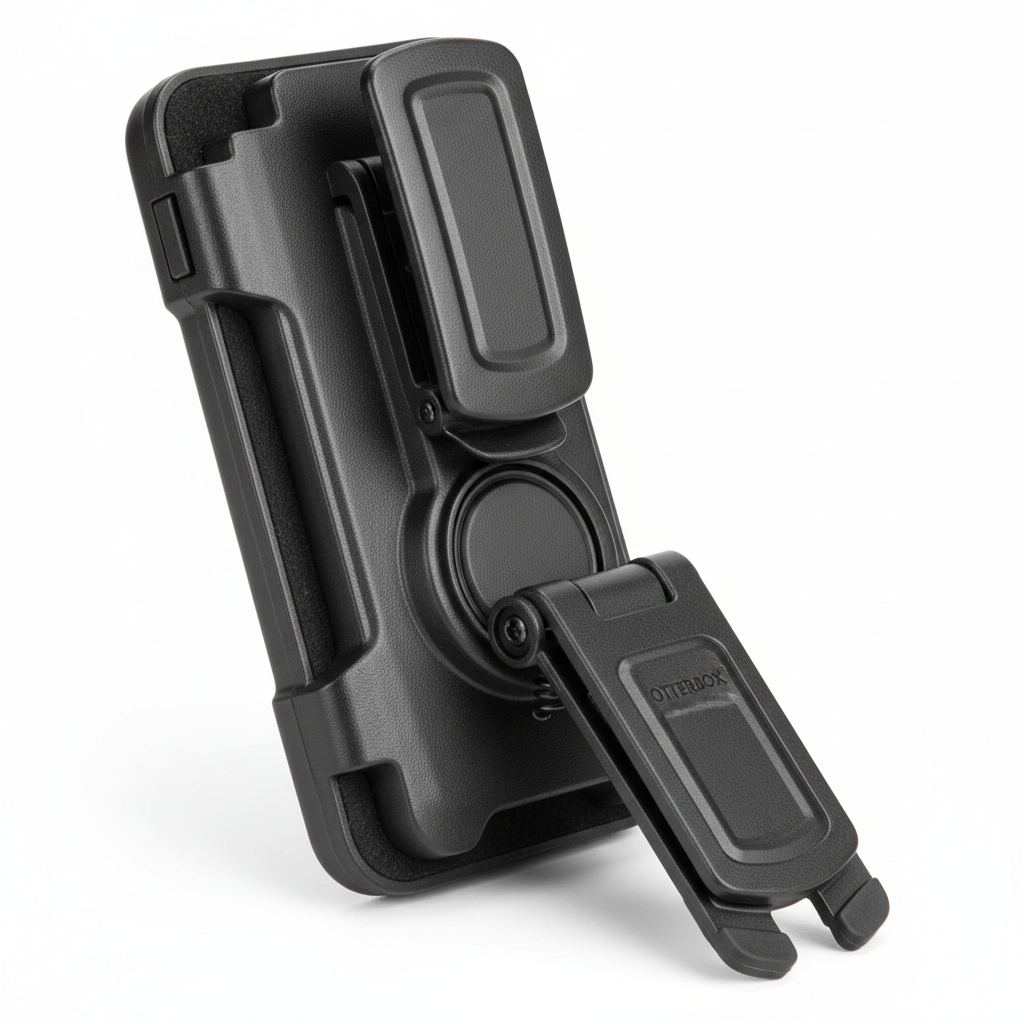 OtterBox Defender Series belt-clip holster kickstand attachment showing dual-function clip and kickstand mechanism