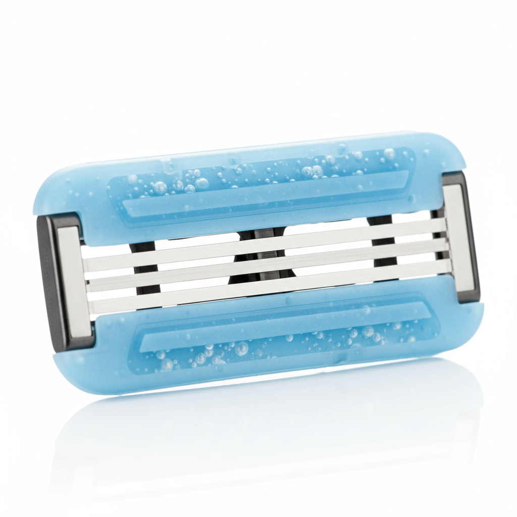 Close-up macro detail of Comfortglide razor blade cartridge with moisture bars