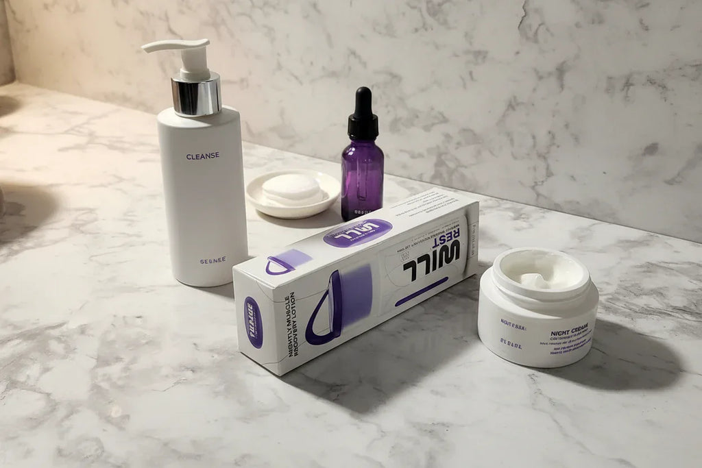 Nighttime skincare routine with Will Perform REST lotion on marble vanity