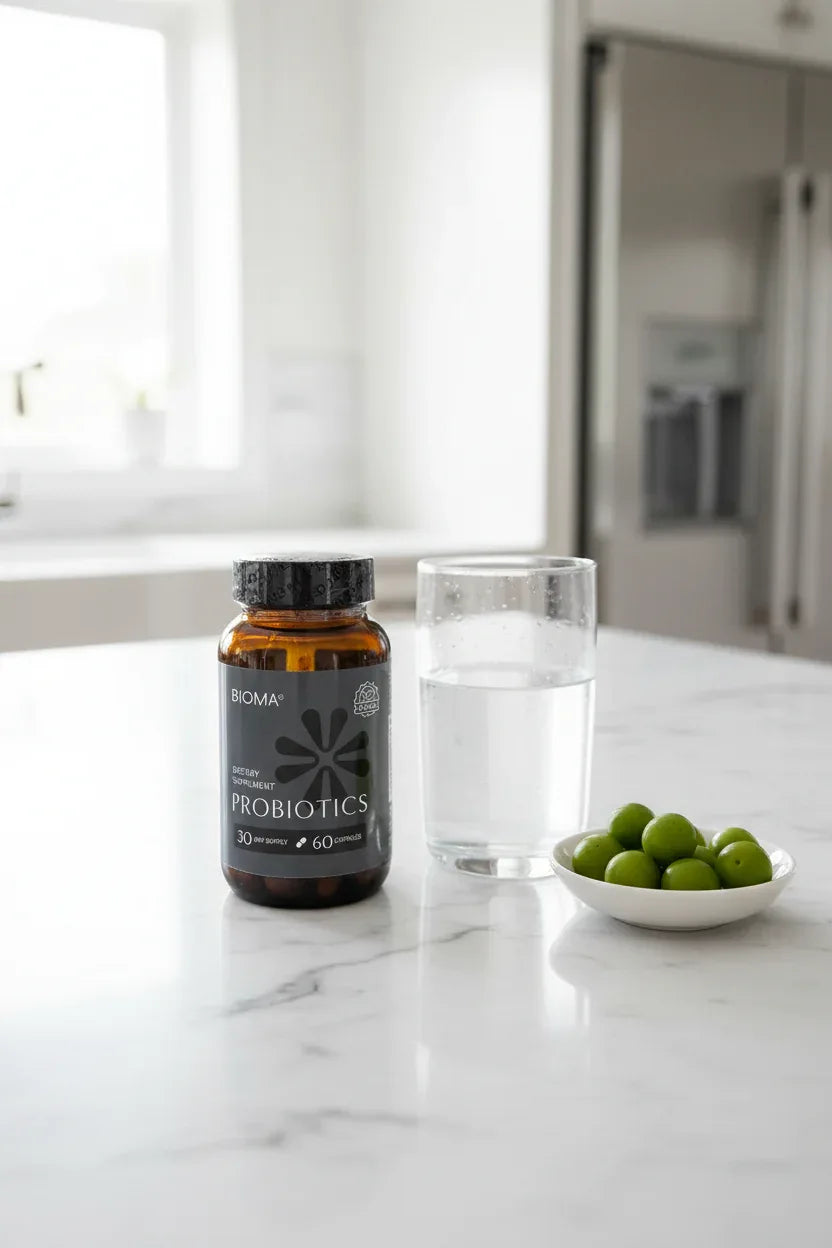 Bioma Probiotics on white marble breakfast island with glass of water and green berries morning routine