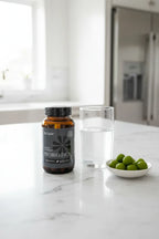 Bioma Probiotics on white marble breakfast island with glass of water and green berries morning routine