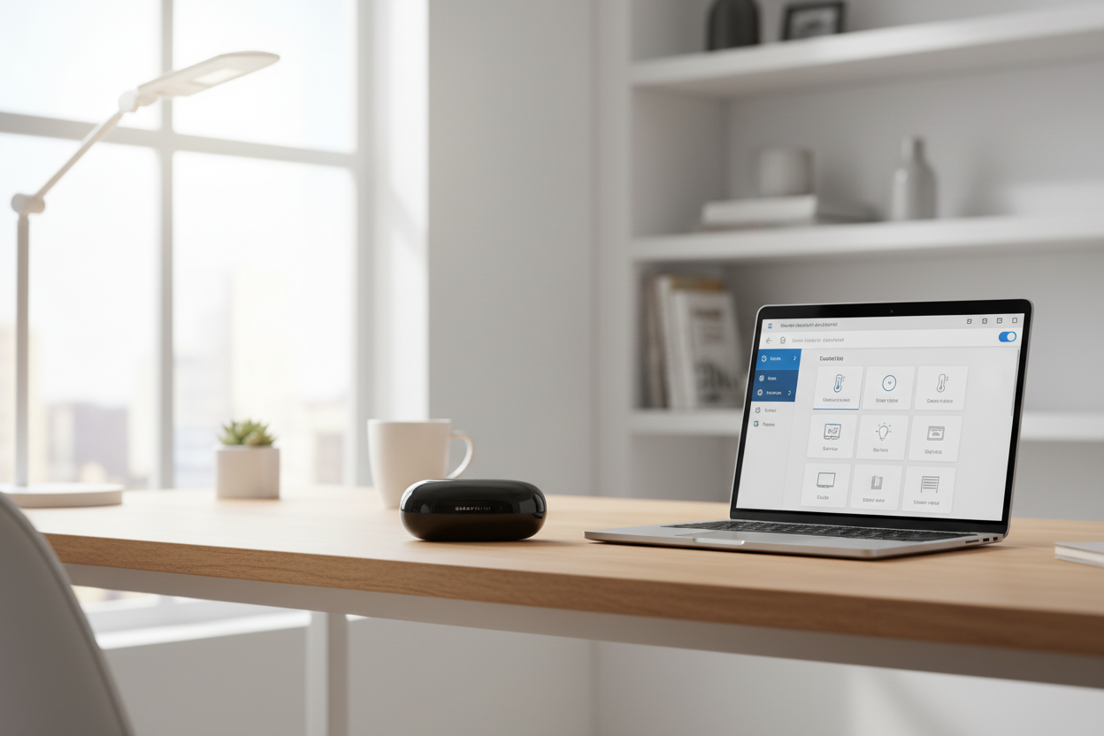 SMARTPOINT Smart Wi-Fi Universal Remote on home office desk with laptop – Google Assistant compatible IR blaster – More4less Outlet
