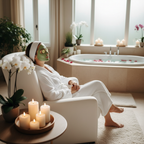 Woman relaxing with a rejuvenating face mask in a spa-like bathroom