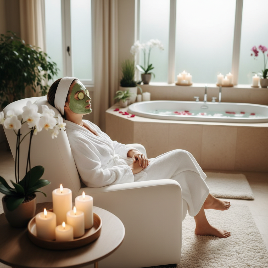 Woman relaxing with a rejuvenating face mask in a spa-like bathroom