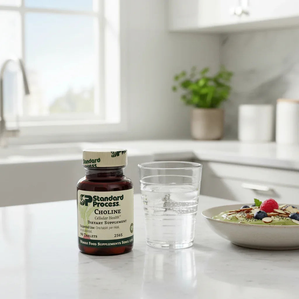 Standard Process Choline on white marble kitchen counter with water glass and healthy breakfast bowl for morning wellness routine