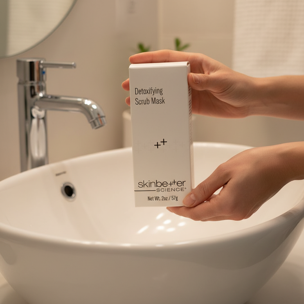 Woman holding skinbetter science Detoxifying Scrub Mask white box over a white bathroom sink during skincare routine
