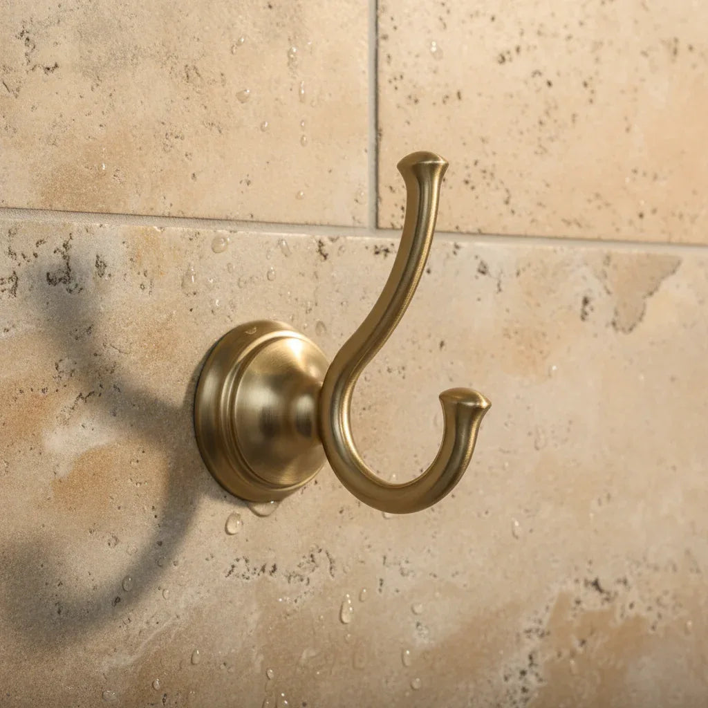 Classic champagne bronze bath hardware accents reflecting subtle lighting over natural stone tile