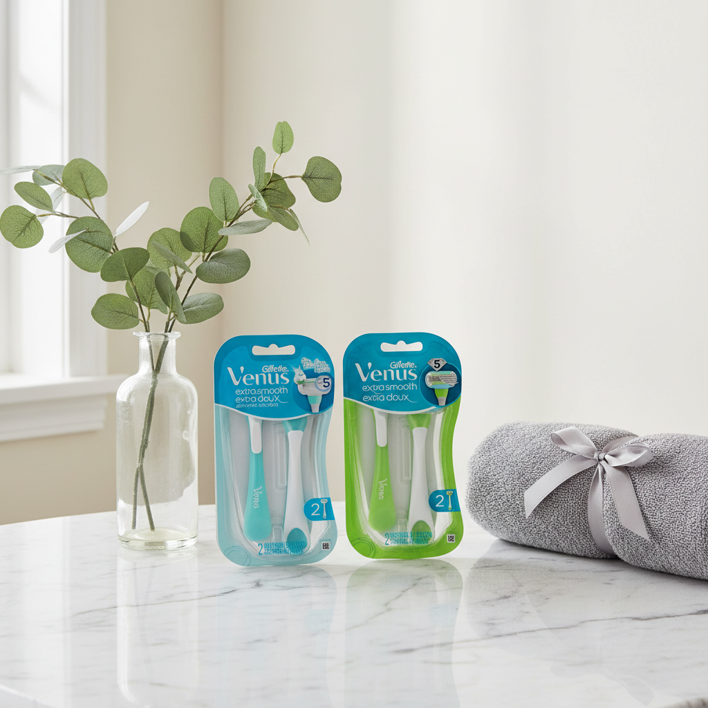 Gillette Venus Extra Smooth razors on marble vanity with eucalyptus and gray towel