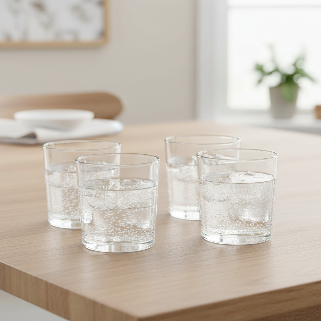 Four clear Anchor Hocking Mercado 7.5 fl oz glasses arranged with water on a dining table