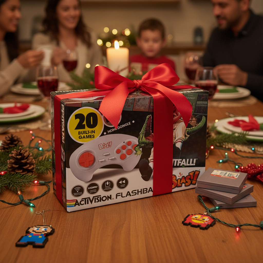 Activision Flashback Blast retro gaming console gift box with ribbon on a holiday table — More4less Outlet lifestyle image