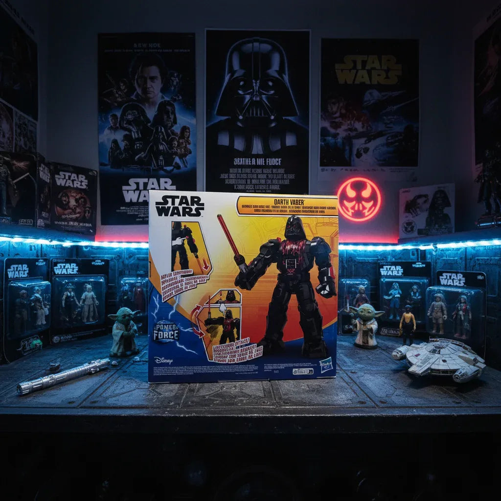 Star Wars Darth Vader Mech Force Suit on themed display table with Star Wars posters and memorabilia with dramatic lighting.