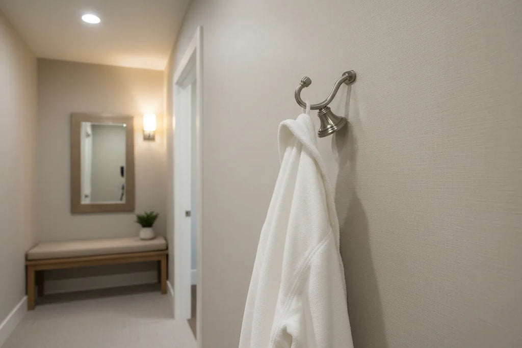Organized dressing room entry point with wall-mounted brushed nickel robe hook holding a white robe