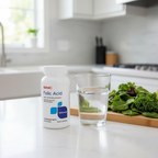 GNC Folic Acid 1000mcg bottle on kitchen counter with leafy green vegetables and water – More4less Outlet