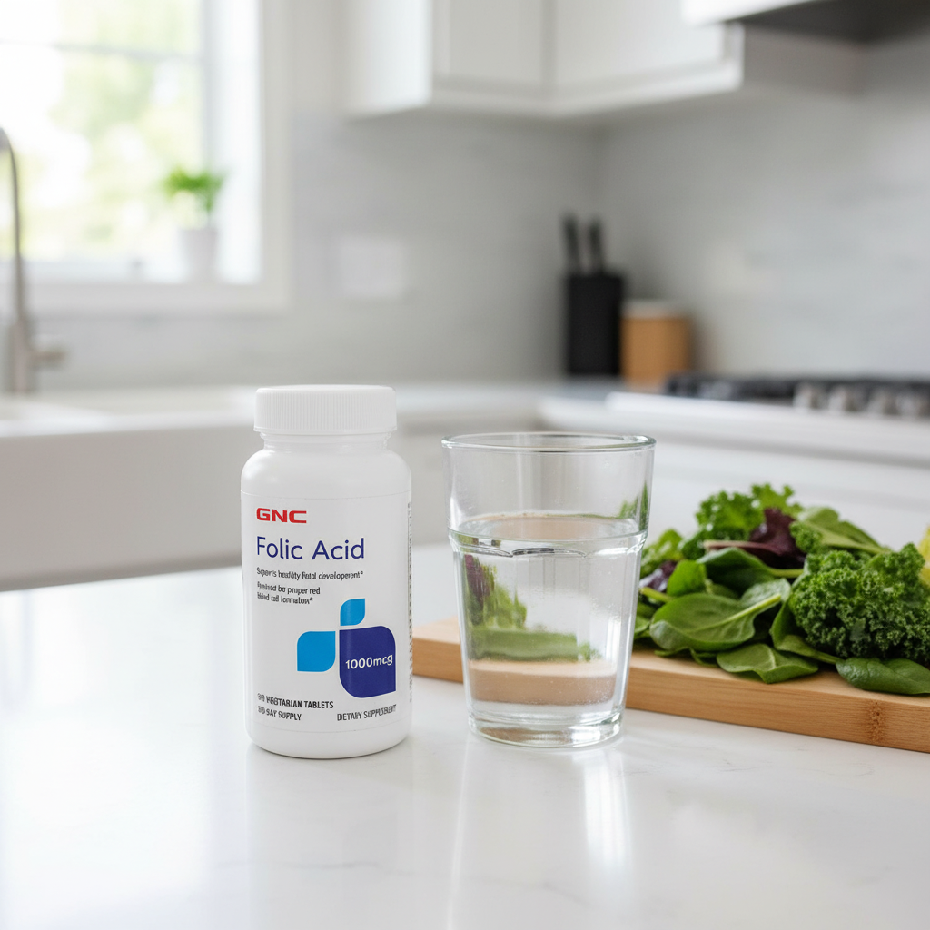 GNC Folic Acid 1000mcg bottle on kitchen counter with leafy green vegetables and water – More4less Outlet