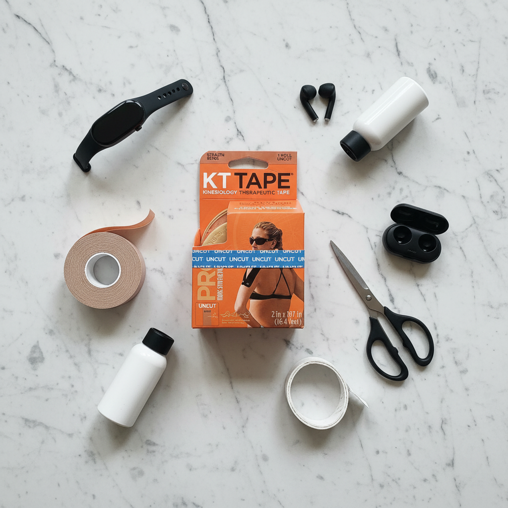 KT Tape Pro Beige Stealth uncut roll flat lay on marble with scissors and orange retail box