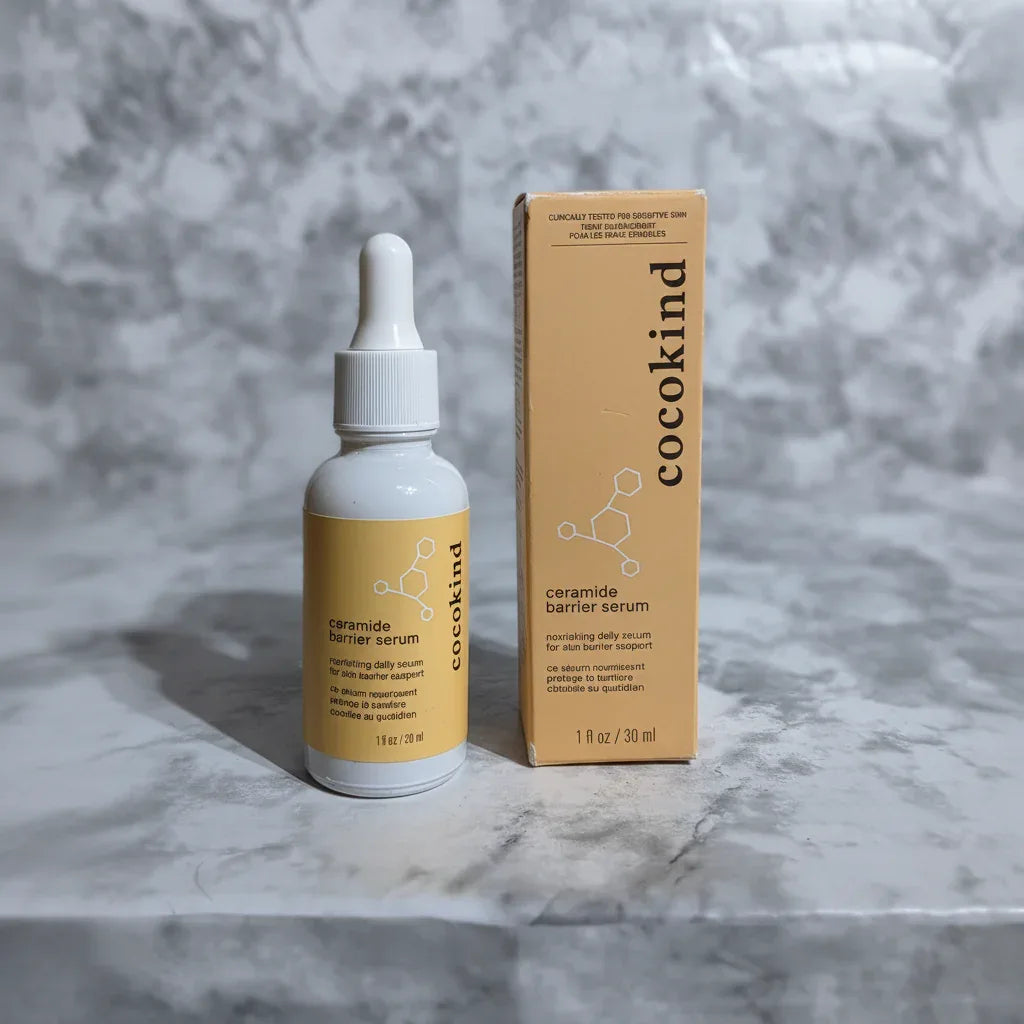 Overhead flat lay of Cocokind Ceramide Barrier Serum white glass dropper bottle and gold box on soft white marble, shallow depth of field