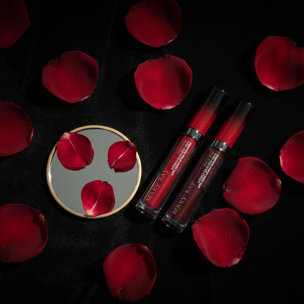 Flat lay of two Mary Kay Vinyl Lip Shine tubes with rose petals and mirror on black velvet