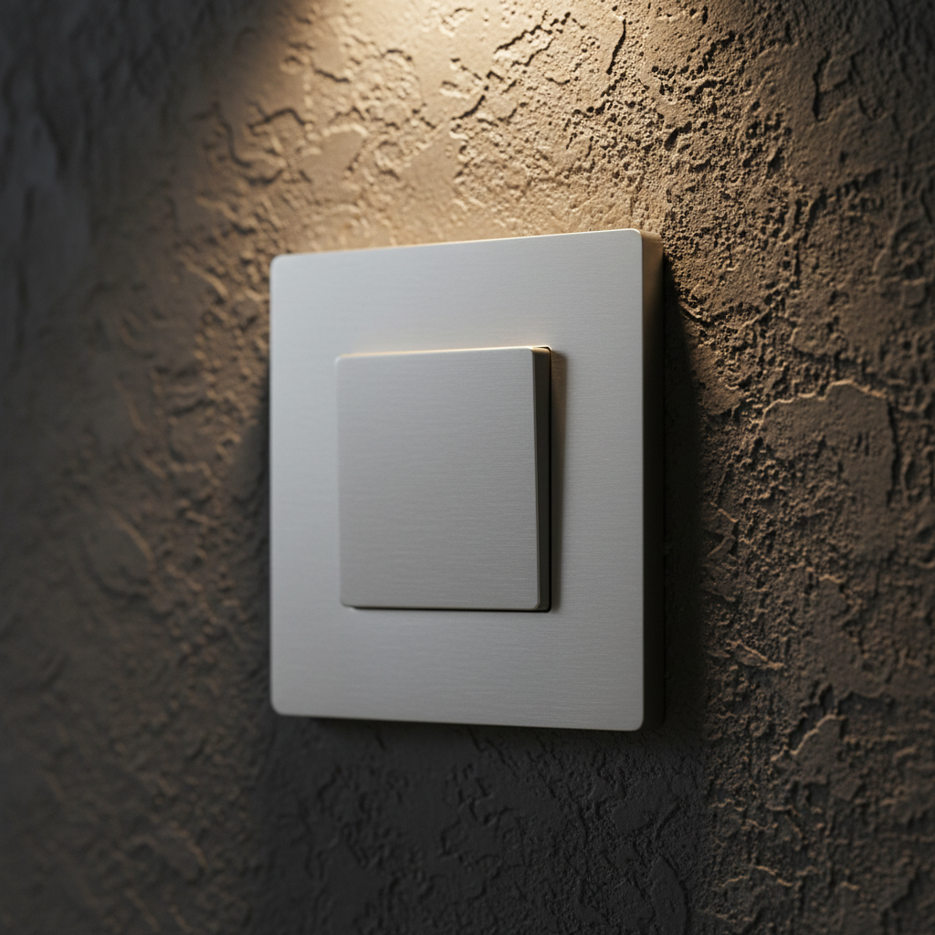 Legrand adorne sofTap switch installed flush in screwless wall plate on dark accent wall