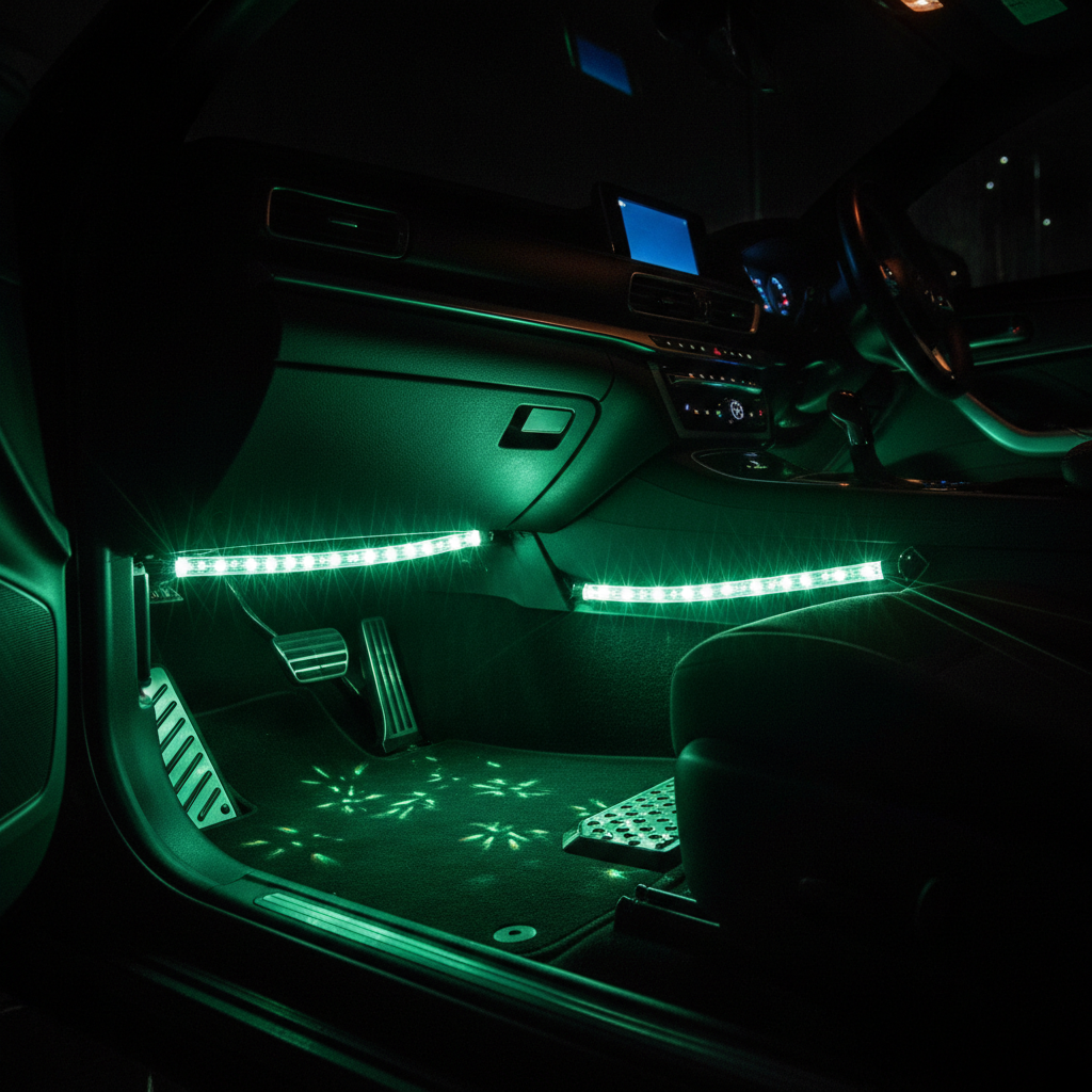 Crystal LED tube light bars glowing green car footwell night green ambient accent lighting dark vehicle interior automotive customization - More4less Outlet