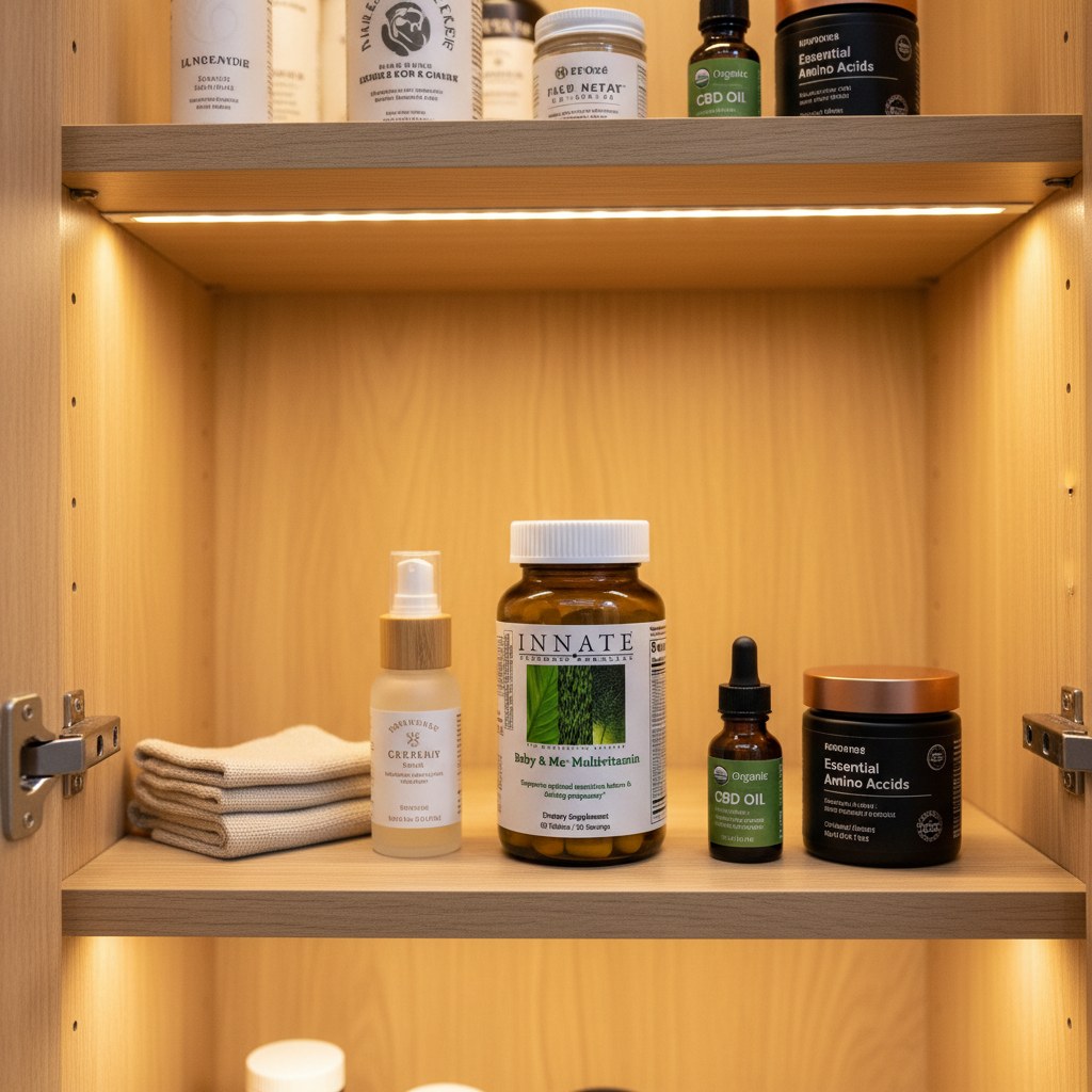 Innate Response Baby & Me Multivitamin in warmly lit light-oak wooden wellness pantry with premium wellness products