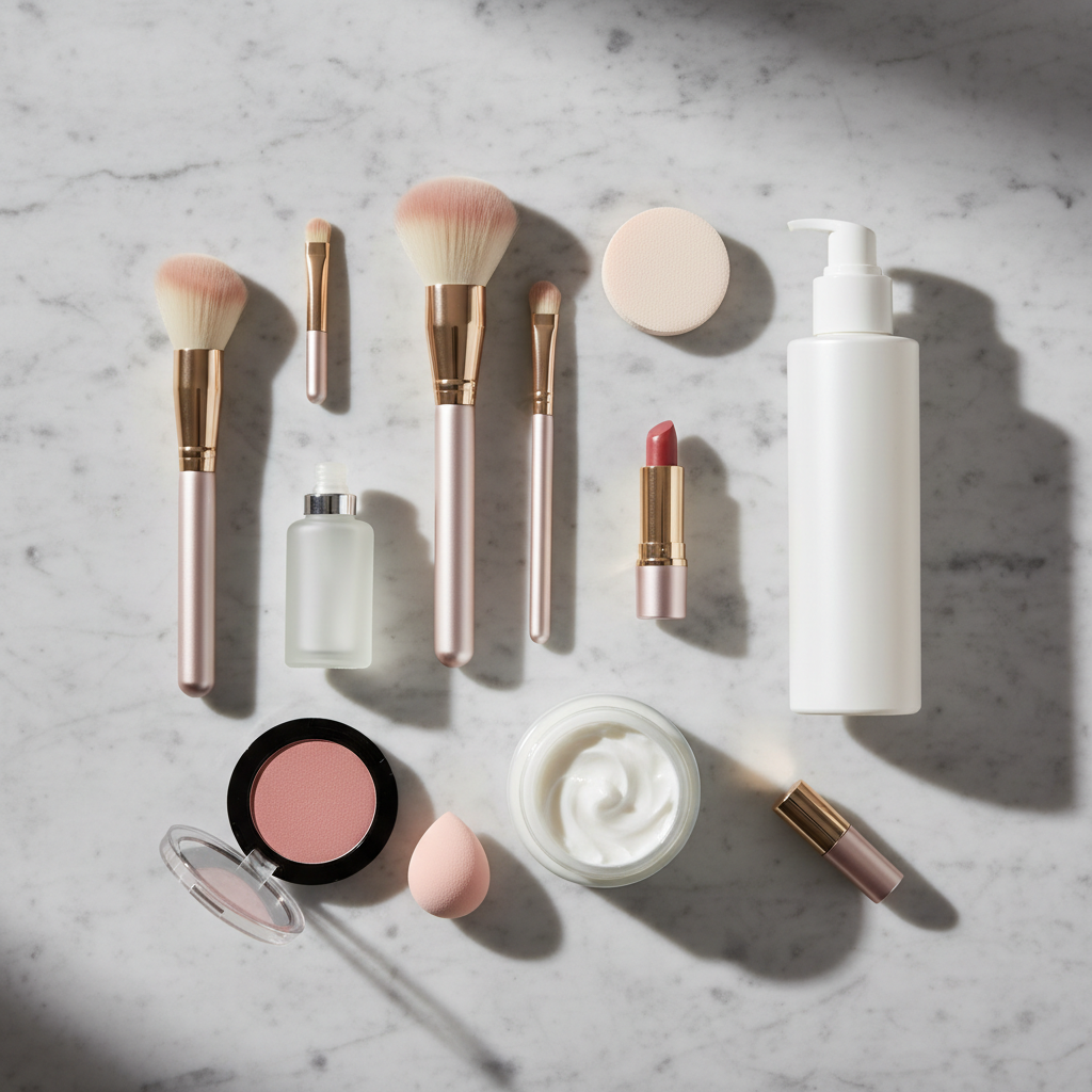 Luxury beauty vanity flatlay with skincare essentials on grey marble surface