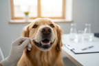 Close-up of cheek swab being used on a dog