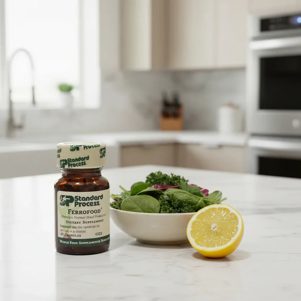 Standard Process Ferrofood iron supplement on kitchen counter with fresh organic greens and lemon slice emphasizing Vitamin C pairing