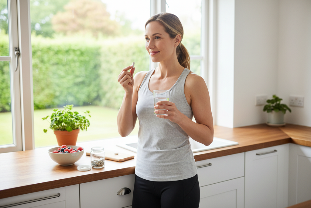 Person taking a daily supplement capsule with glass of water